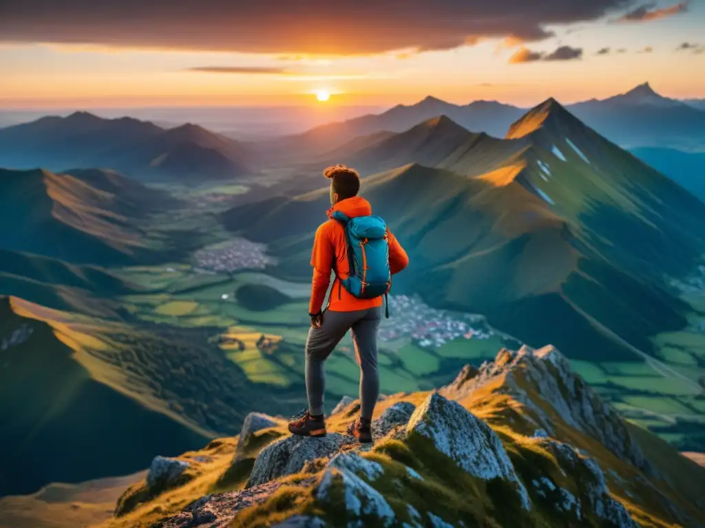 Viajero en la cima de la montaña al atardecer, con protección sistema inmunológico viajes