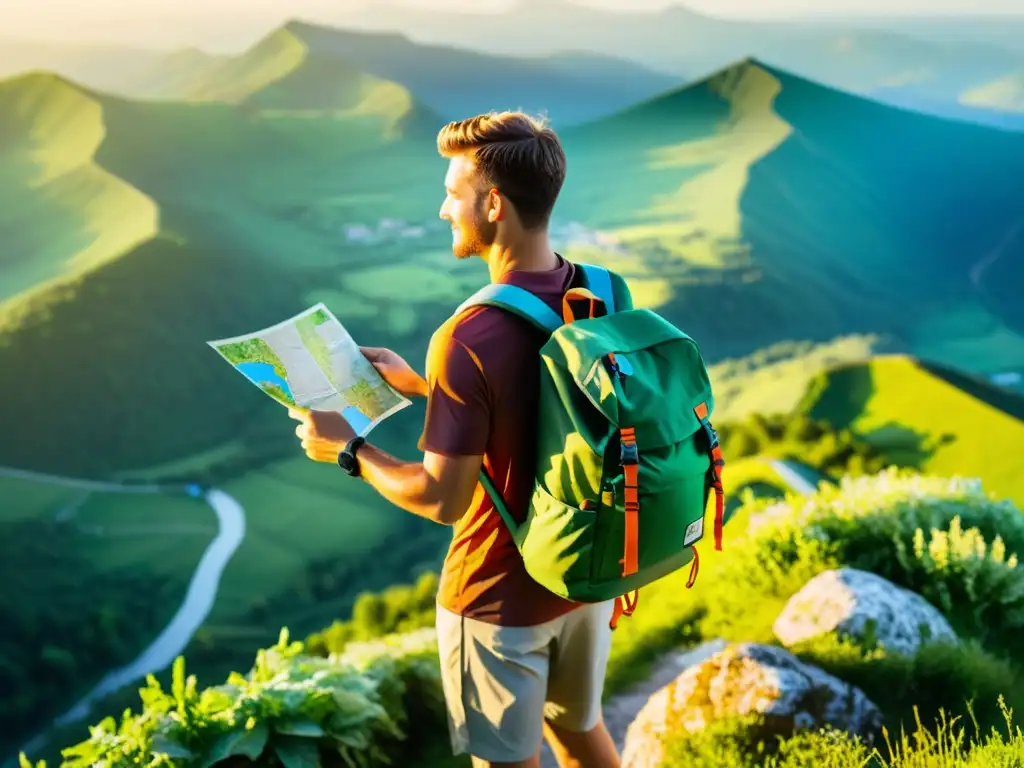 Un viajero en la cima de una montaña con una ensalada y un mapa, evocando la dieta para fortalecer sistema inmunológico viajero