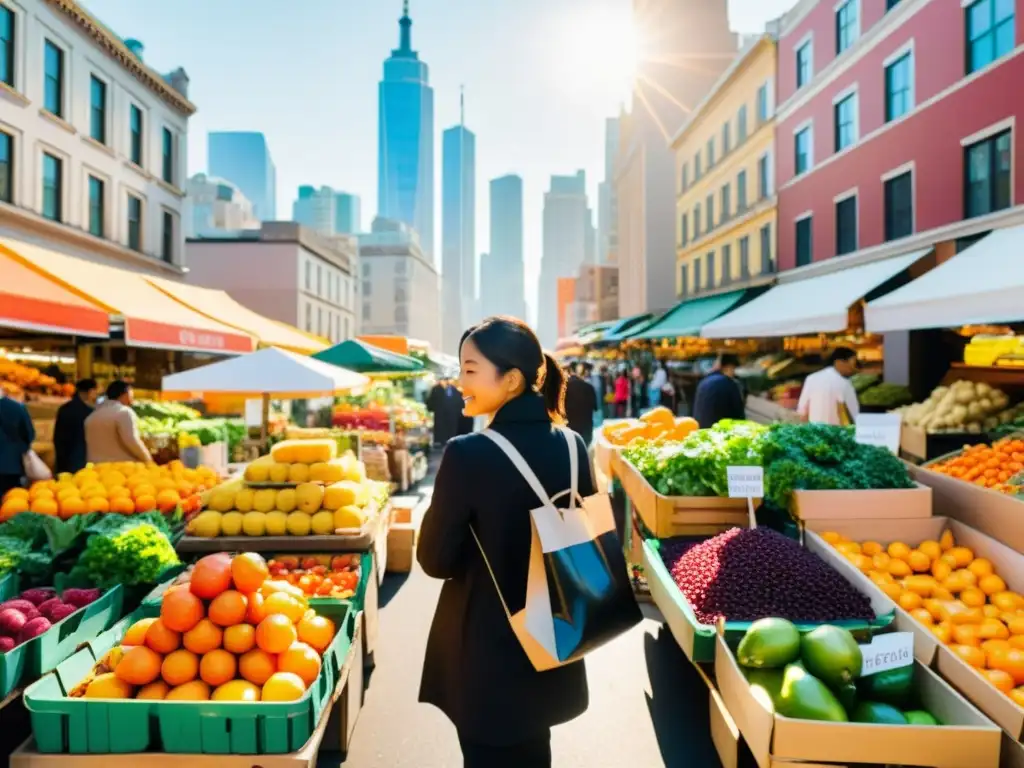 Un viajero elige frutas frescas en un bullicioso mercado de una ciudad vibrante