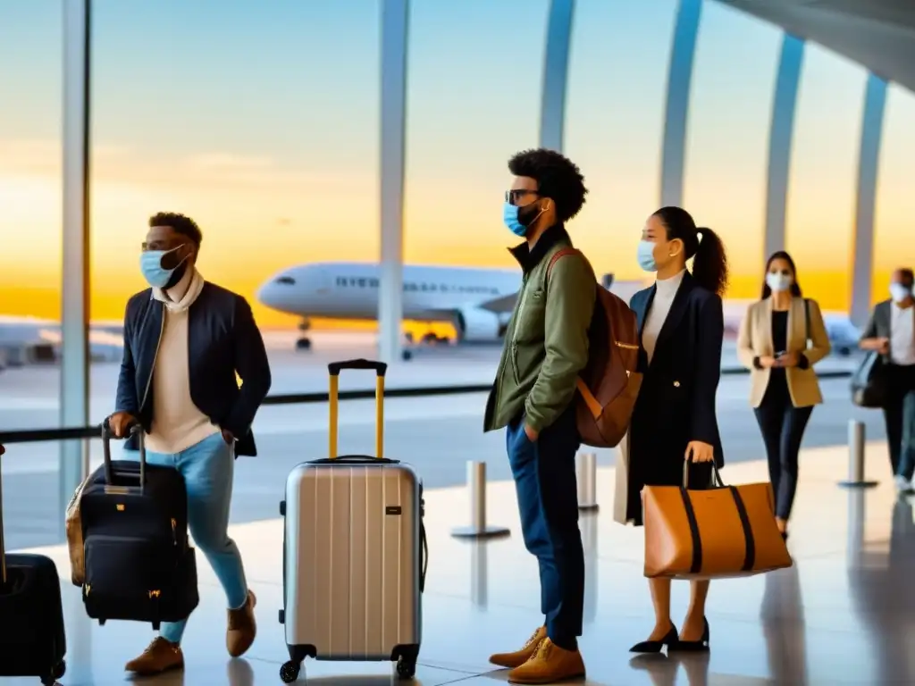 Viajeros con equipaje y mascarillas en el aeropuerto internacional, listos para su seguro internacional enfermedades inmunológicas