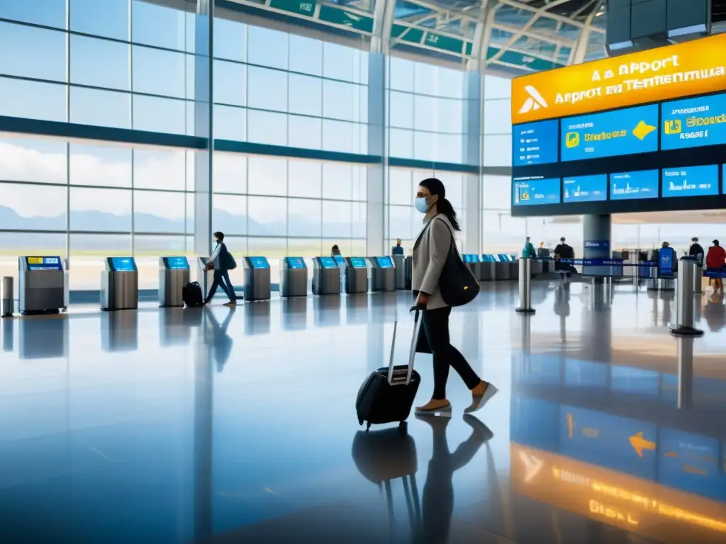 Viajeros cumpliendo precauciones en aeropuerto internacional, con distanciamiento social y medidas de salud visibles