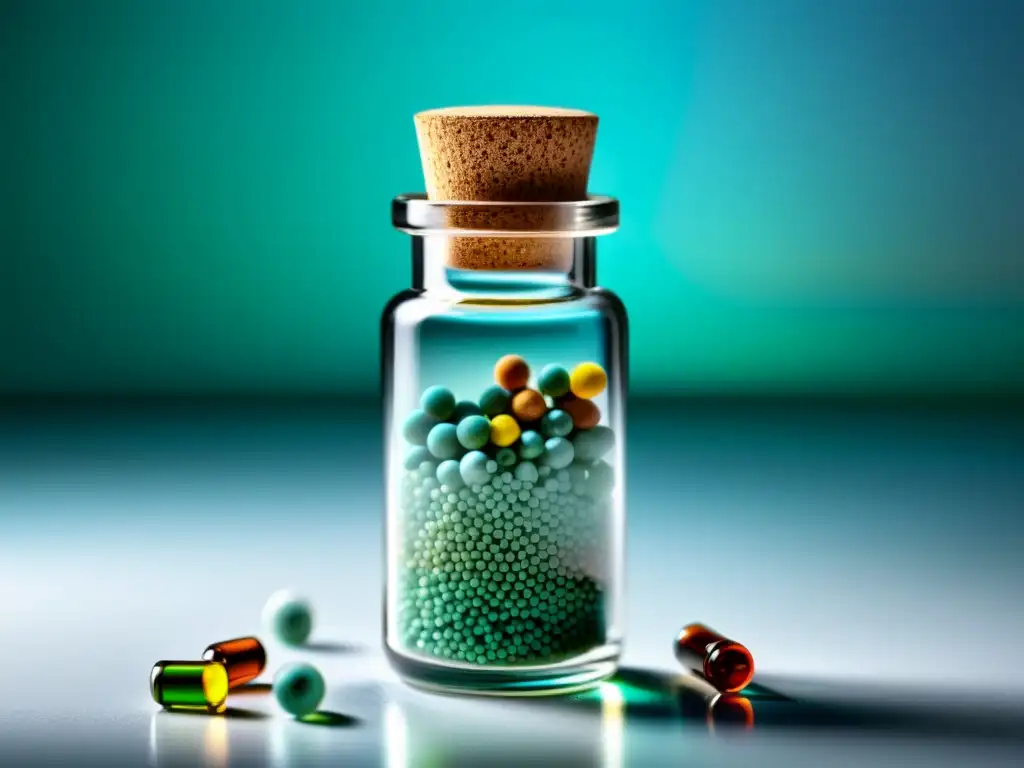 Un vial de homeopatía con pellets coloridos en líquido transparente, reflejando precisión y vitalidad