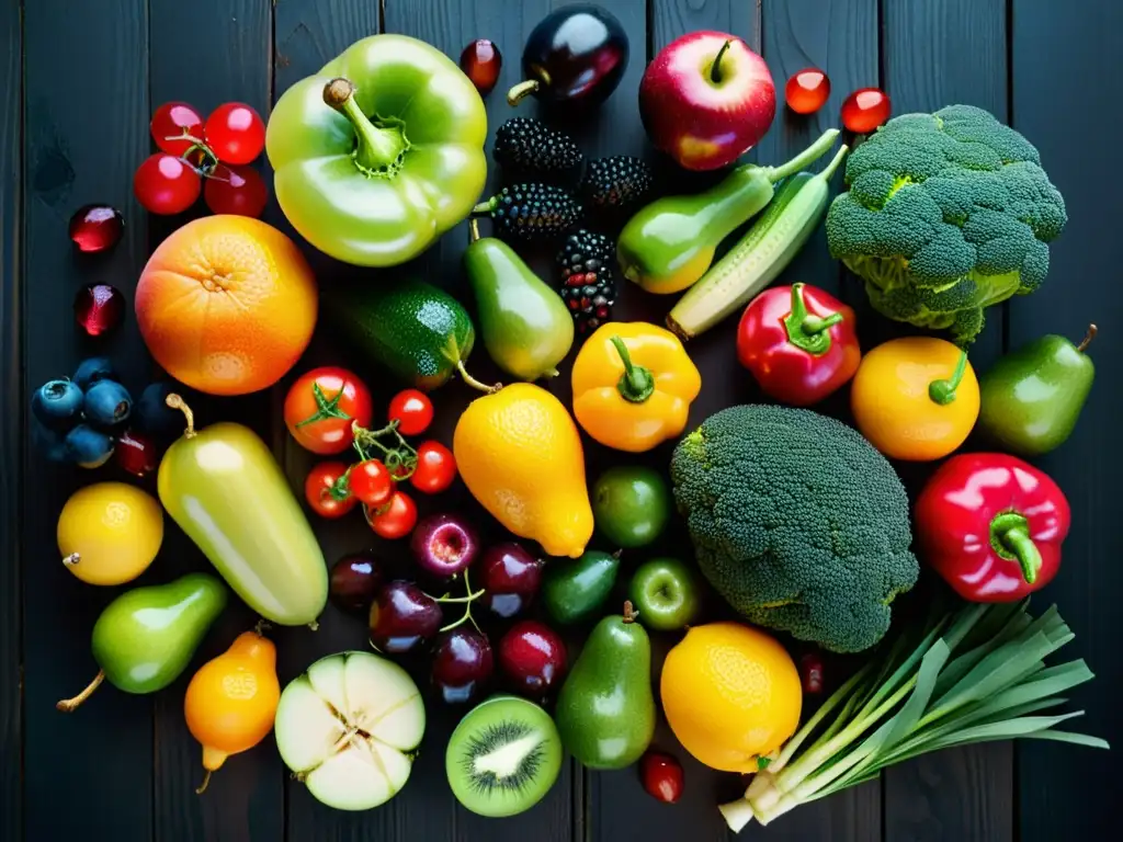 Vibrante arreglo de frutas y verduras en una mesa de madera