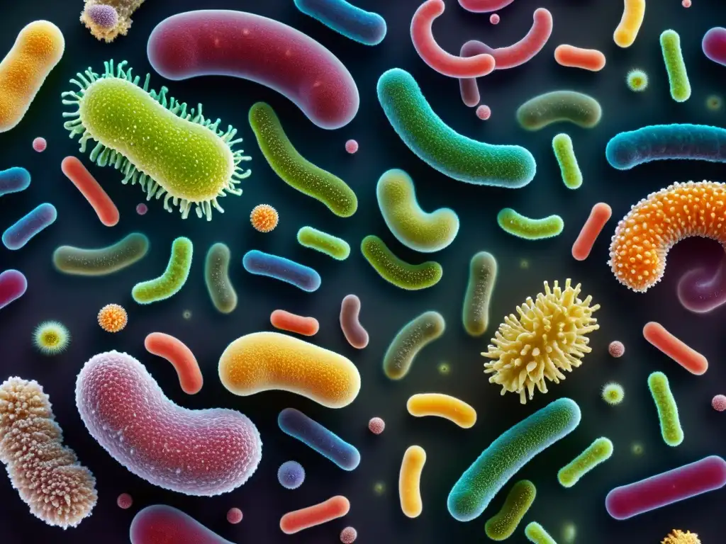 Una biodiversidad vibrante de bacterias del microbioma intestinal, creando un paisaje colorido y complejo