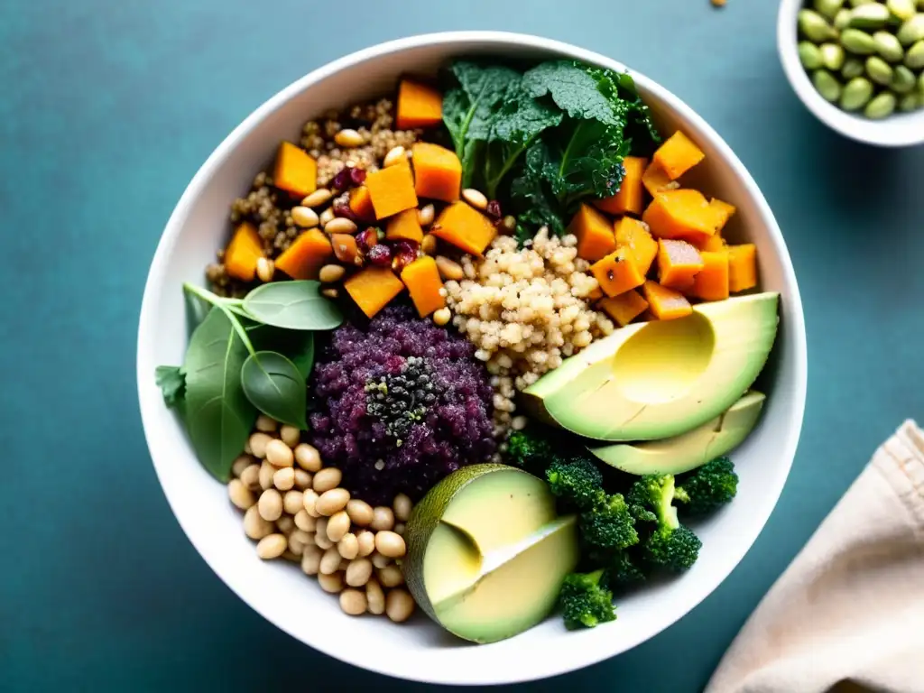 Un vibrante Buddha bowl con ingredientes internacionales para reforzar inmunidad: quinoa, kale, aguacate, frutos secos y semillas