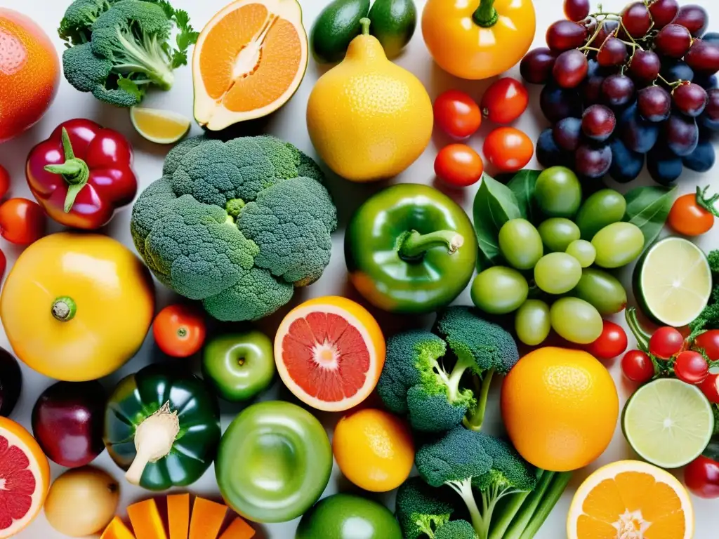 Una vibrante composición de frutas y verduras, destacando la diversidad de alimentos antiinflamatorios para fortalecer el sistema inmunológico