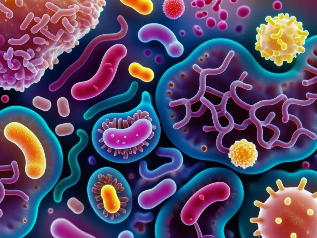 Una vibrante comunidad de probióticos interconectados en un microbioma intestinal colorido, exudando vitalidad y balance