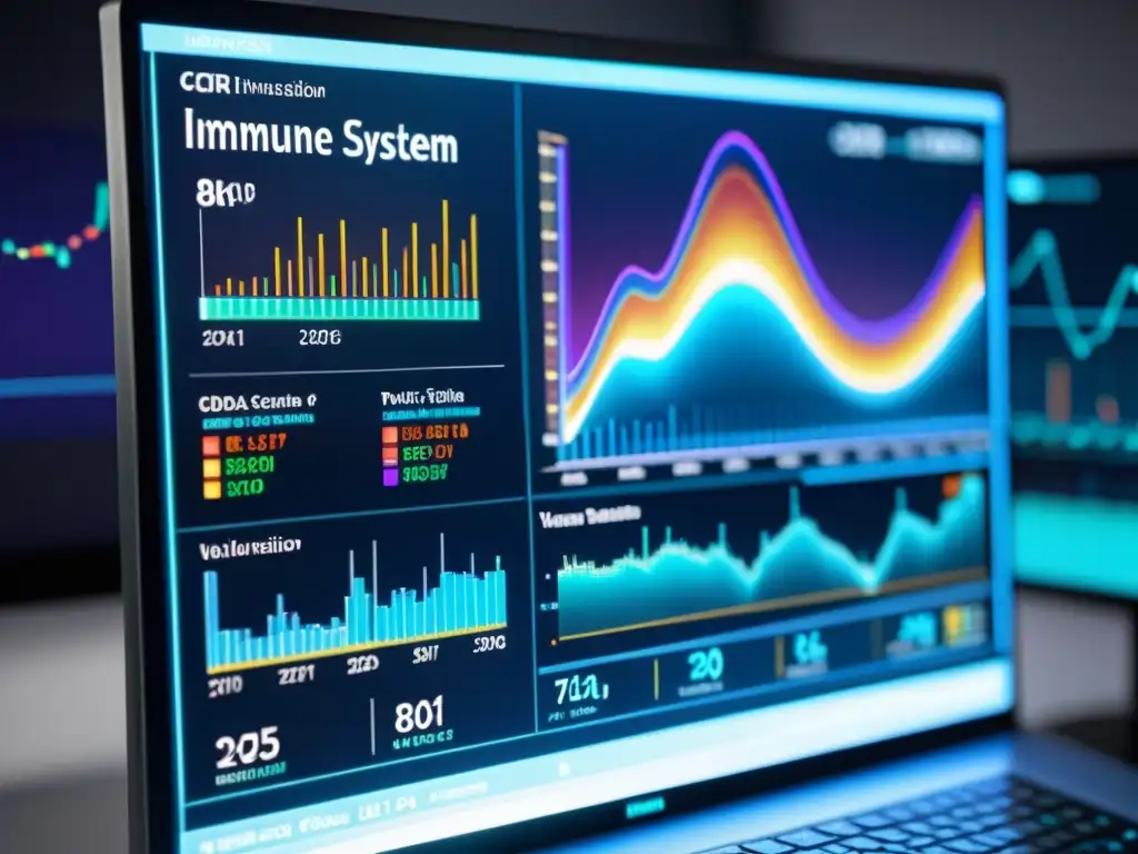 Vibrante visualización de datos del sistema inmune en pantalla 8k, destacando la complejidad de la bioinformática inmunológica datos masivos