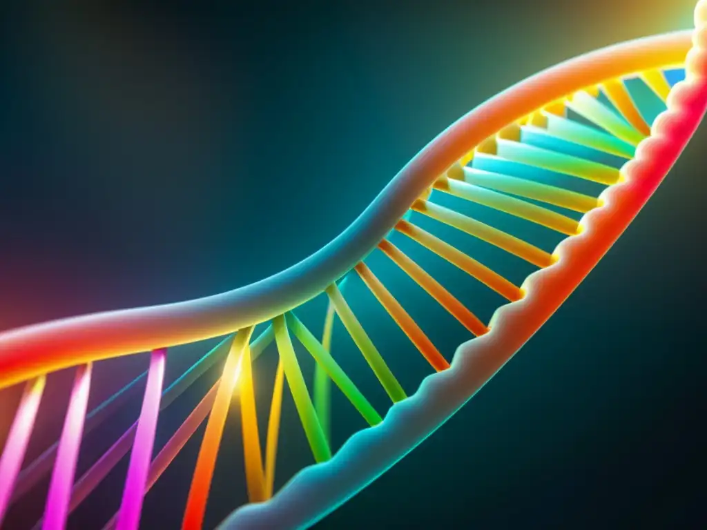 Una representación vibrante y detallada de la estructura del ADN, resaltando su complejidad y belleza, con colores brillantes y llamativos