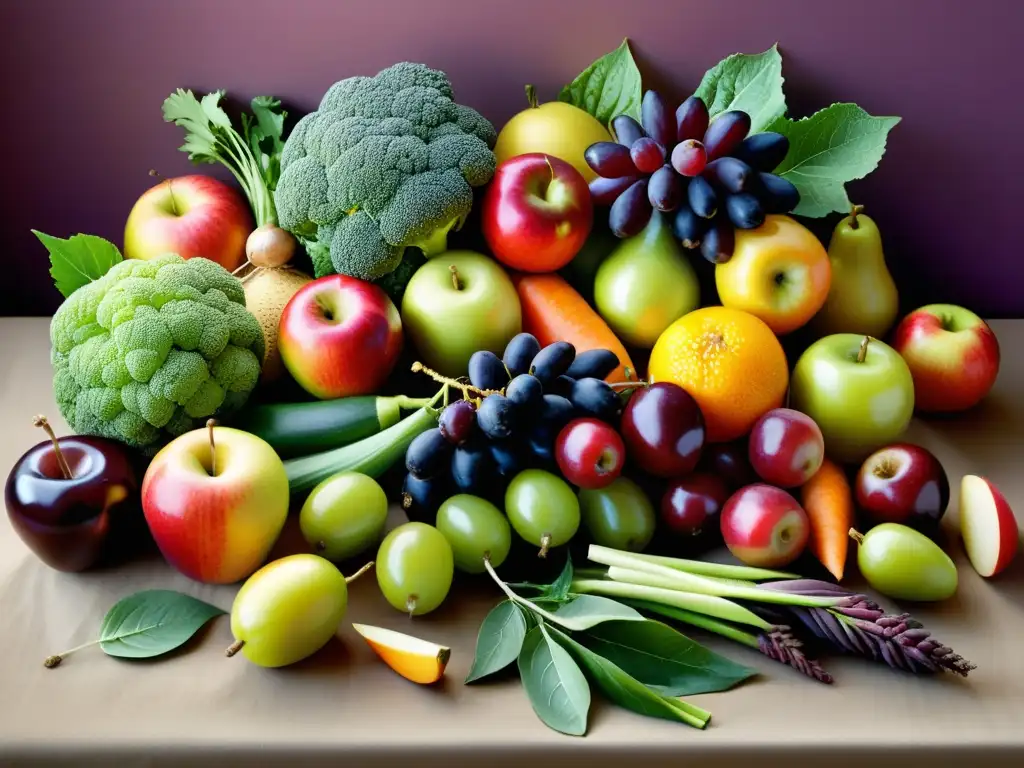 Una ilustración vibrante y detallada de una variedad diversa de frutas y verduras coloridas, en una escena de cosecha abundante