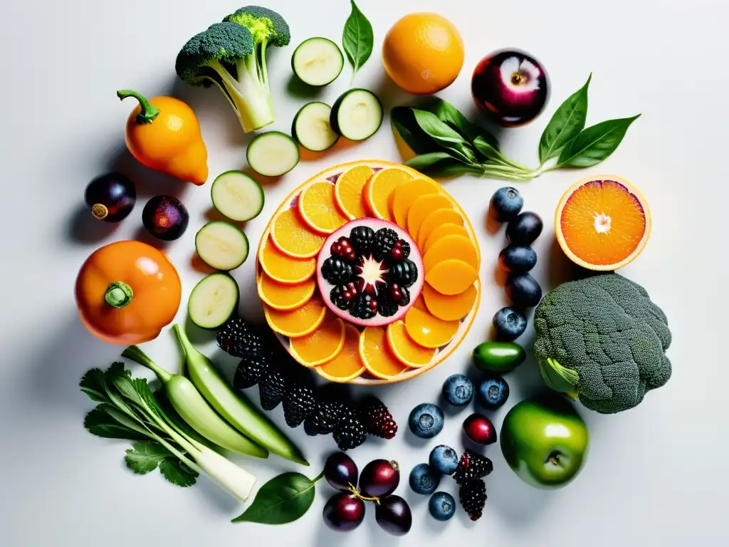 Vibrante y diversa selección de frutas y verduras dispuestas en un patrón circular en una encimera blanca