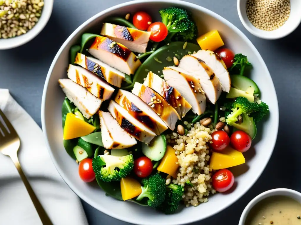 Una vibrante ensalada de quinua con verduras mixtas, pollo a la parrilla, semillas y nueces, bañada en vinagreta