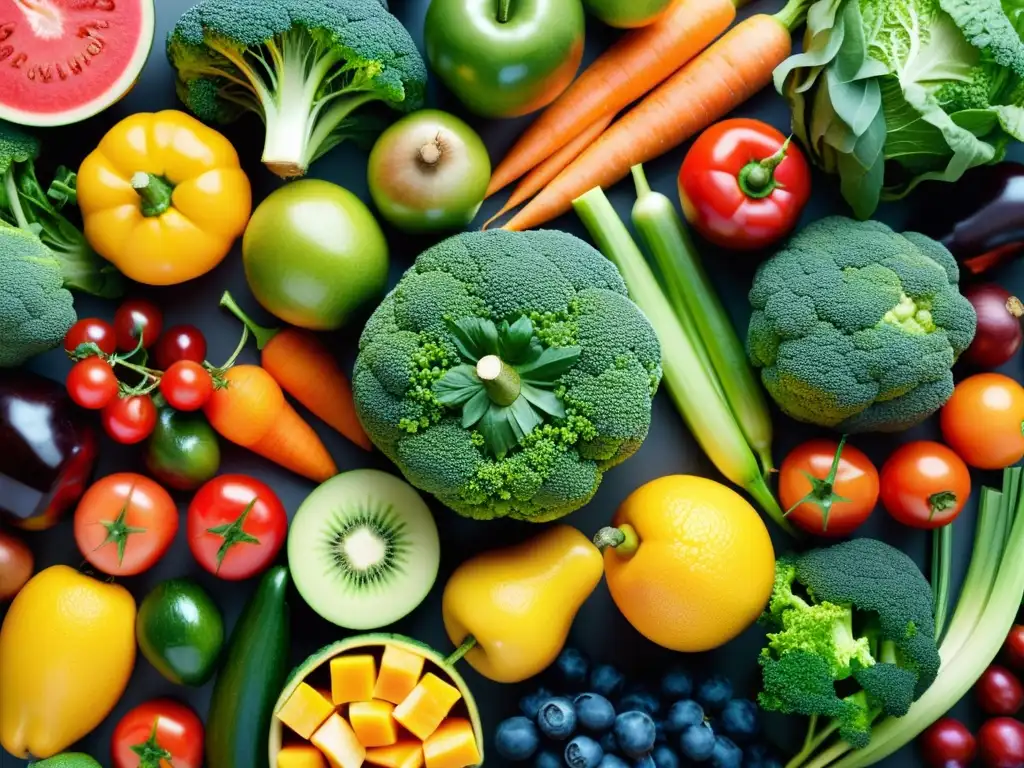 Una vibrante exhibición de frutas y verduras coloridas, resaltando la importancia de la nutrición deportiva para el sistema inmune