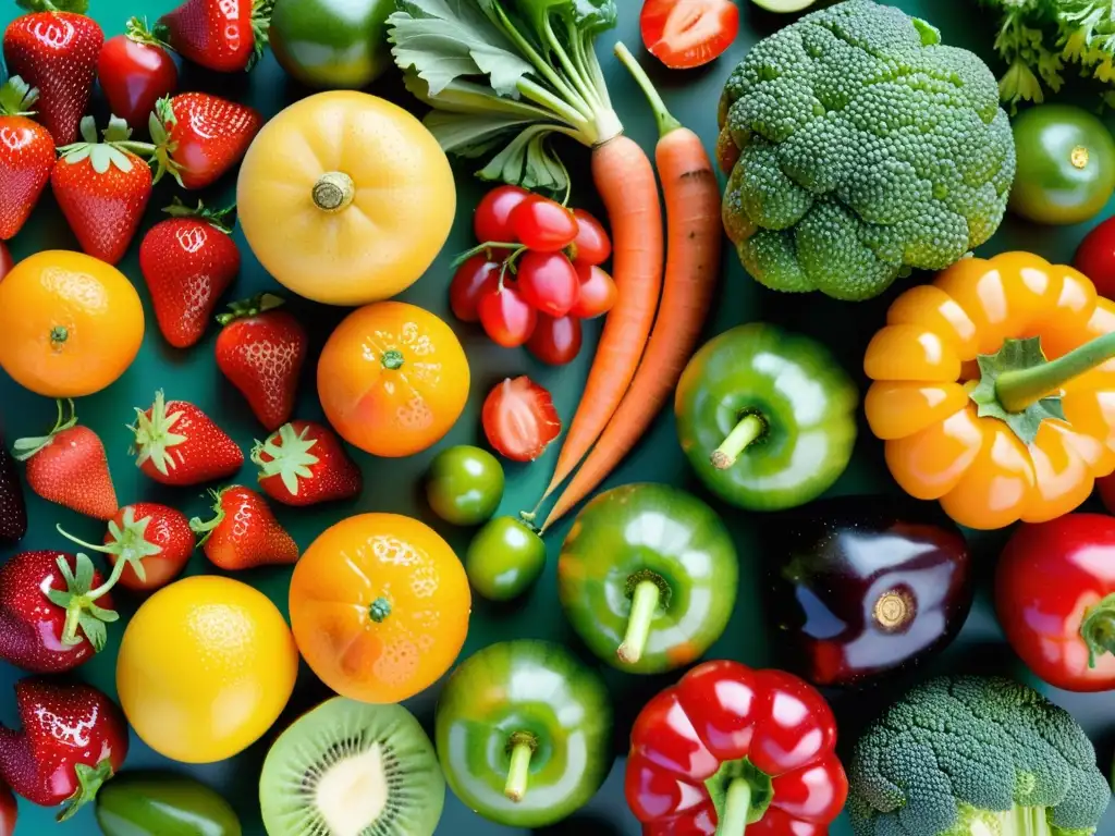 Una vibrante exhibición de frutas y verduras frescas, resaltando la importancia de la nutrición inmunológica con su variedad de colores y texturas