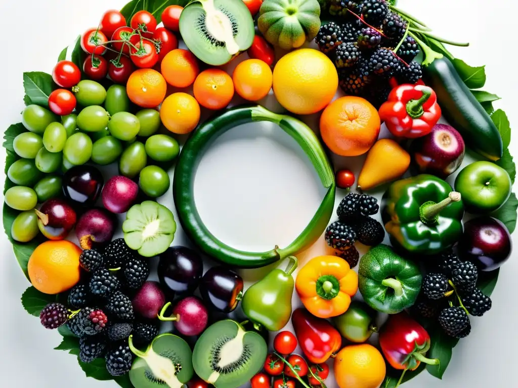 Una vibrante exhibición de frutas y verduras frescas en un patrón circular