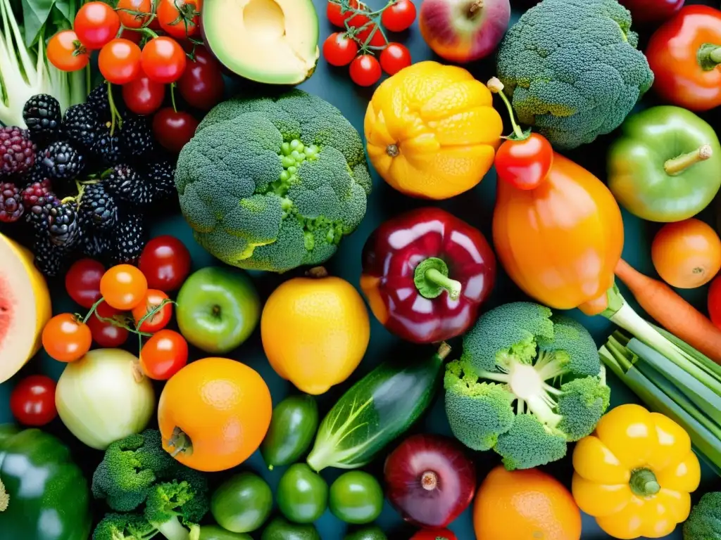 Una vibrante exhibición de frutas y verduras, resaltando la importancia del coaching para el sistema inmunológico en la tercera edad