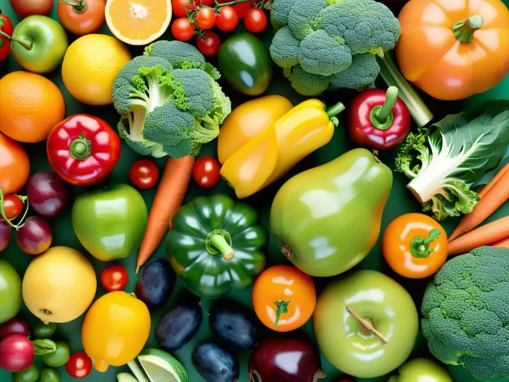 Una vibrante exhibición de frutas y verduras frescas que promueven la nutrición y ejercicio para el sistema inmune