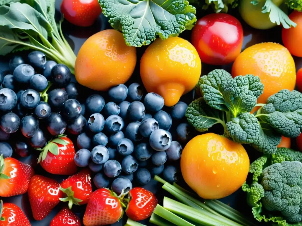 Una vibrante exhibición de frutas y verduras frescas, resaltando los ritmos biológicos y el sistema inmunológico