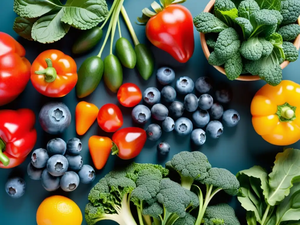 Una vibrante exhibición de frutas y verduras ricas en antioxidantes en una imagen de 8k