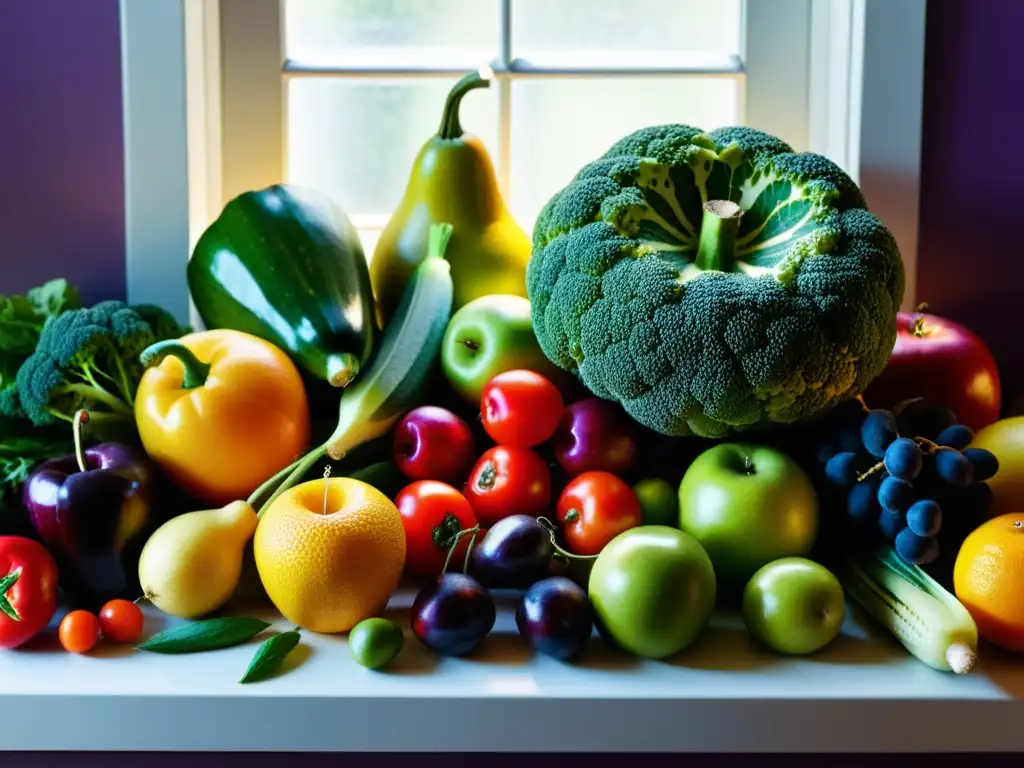 Vibrante exhibición de frutas y verduras frescas, resplandeciendo en la luz del sol