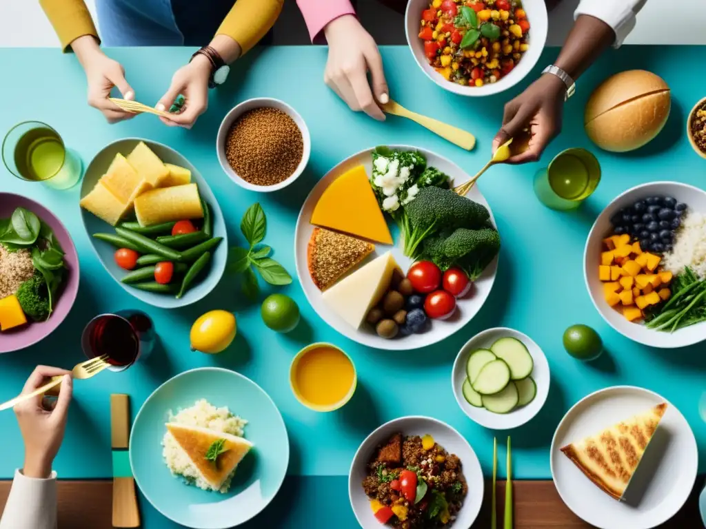 Un vibrante grupo disfruta de comidas sin alérgenos, reflejando la inclusión y el disfrute del manejo nutricional de intolerancias alimentarias