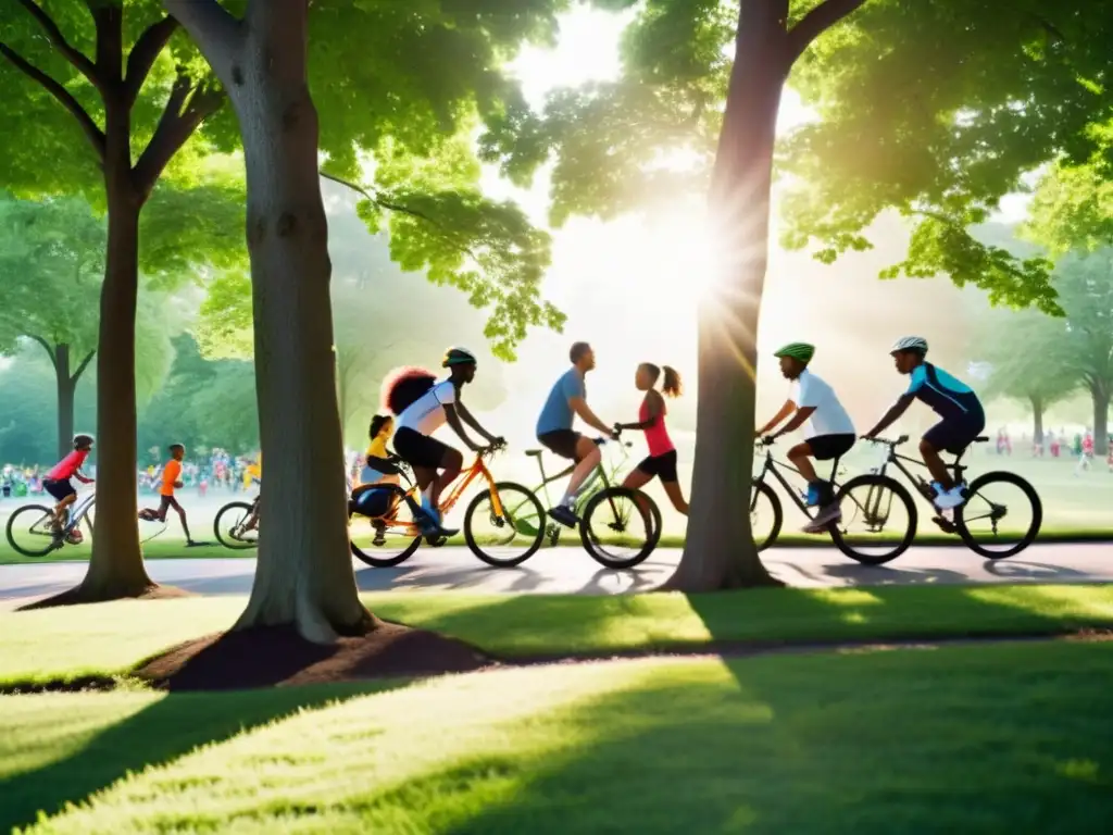 Un vibrante grupo diverso disfruta de actividades al aire libre en un parque verde, transmitiendo vitalidad y energía