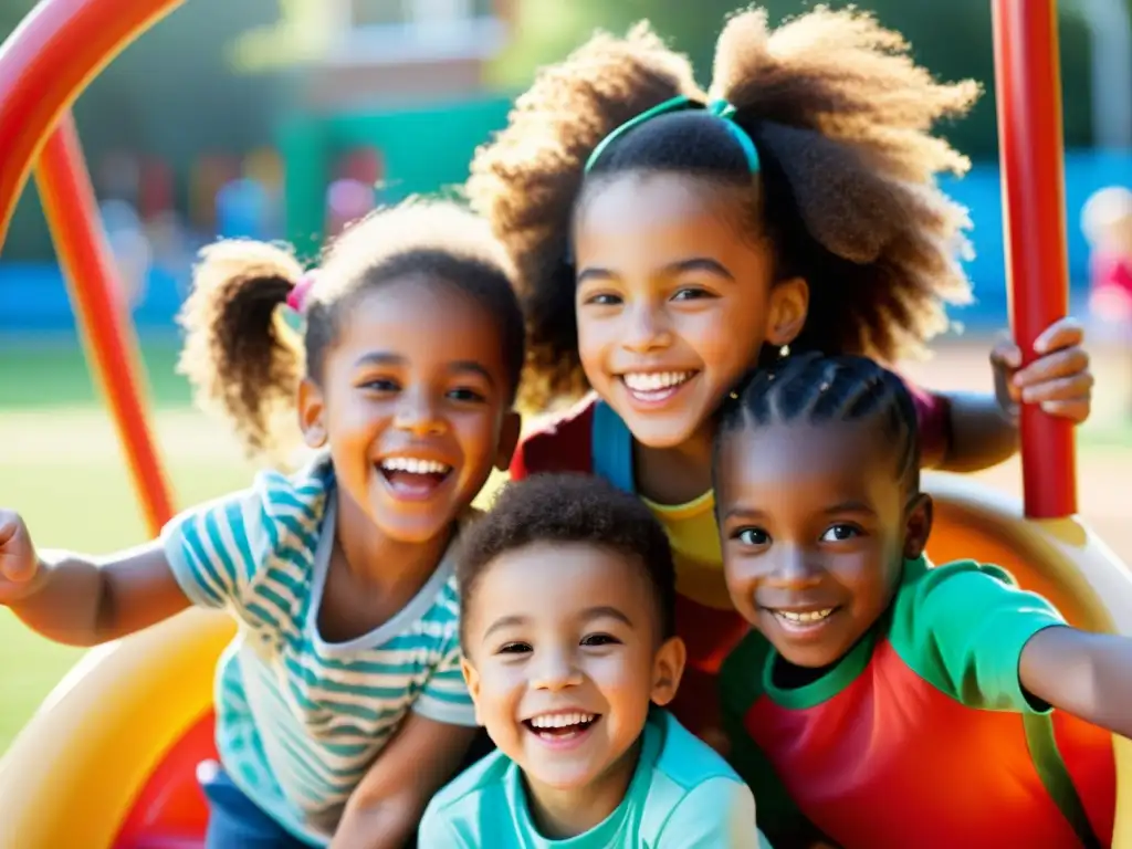 Un vibrante grupo de niños jugando con alegría en un parque soleado, mostrando diversidad y vitalidad