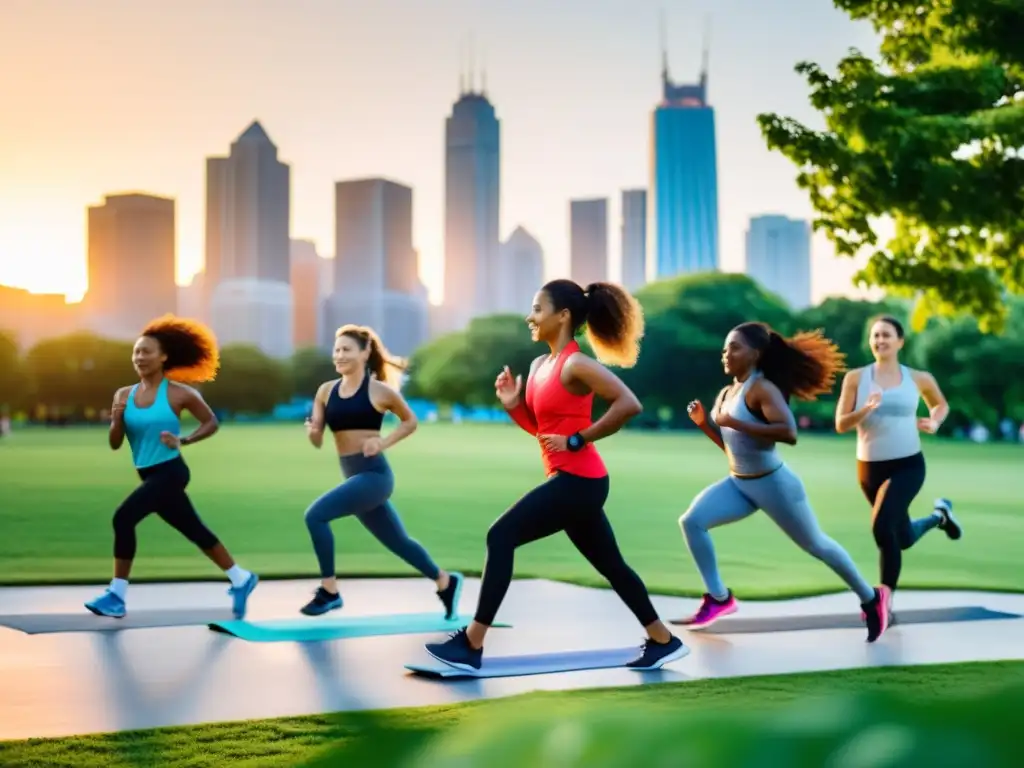 Un vibrante grupo de personas de diferentes edades disfruta de actividades físicas al atardecer en un parque urbano, irradiando vitalidad y energía