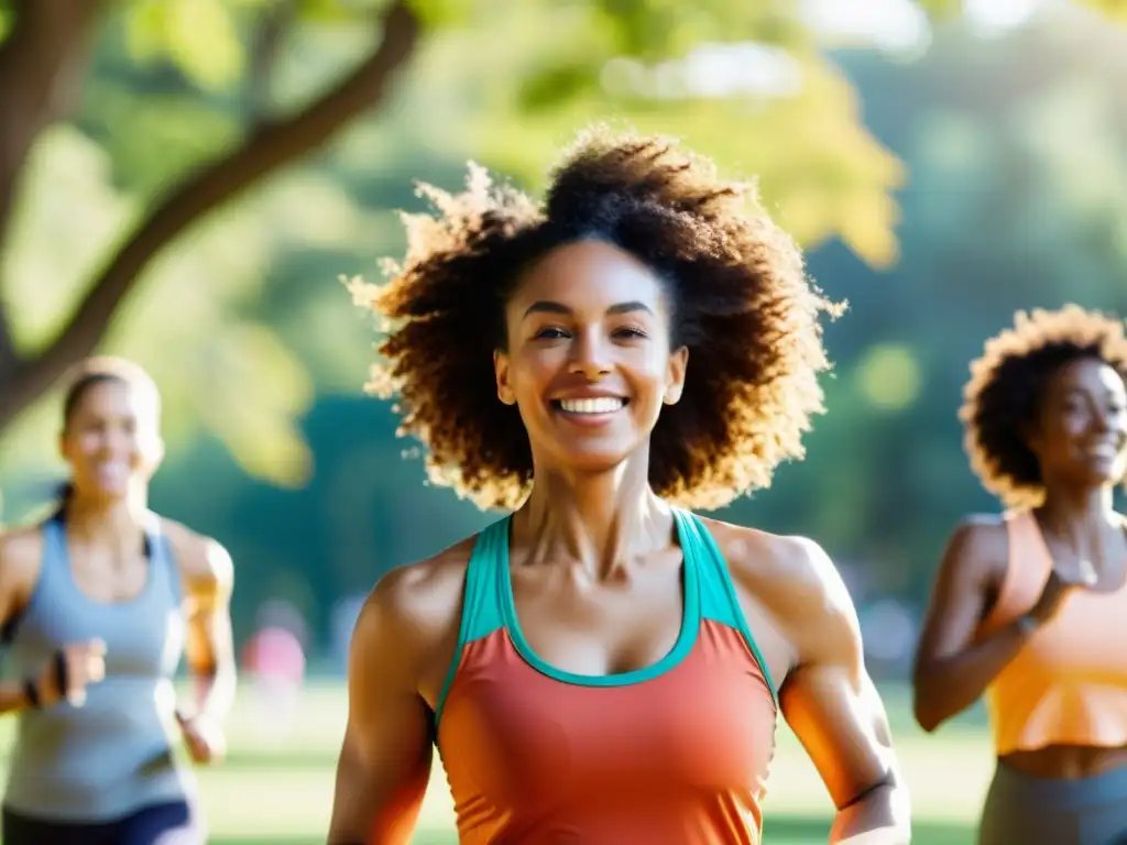 Un vibrante grupo de personas haciendo ejercicio al aire libre en un parque, irradiando vitalidad y energía