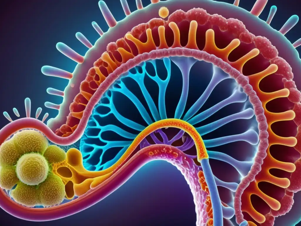 Vibrante imagen 8k muestra la compleja relación entre la microbiota y el sistema inmunológico, resaltando su interacción para fortalecer la salud