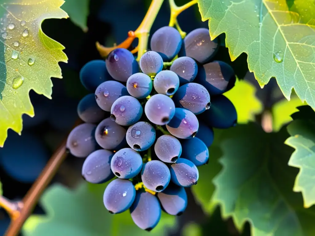 Vibrante imagen de semillas de uva morada con gotas de rocío, hojas verdes y luz solar entre las sombras