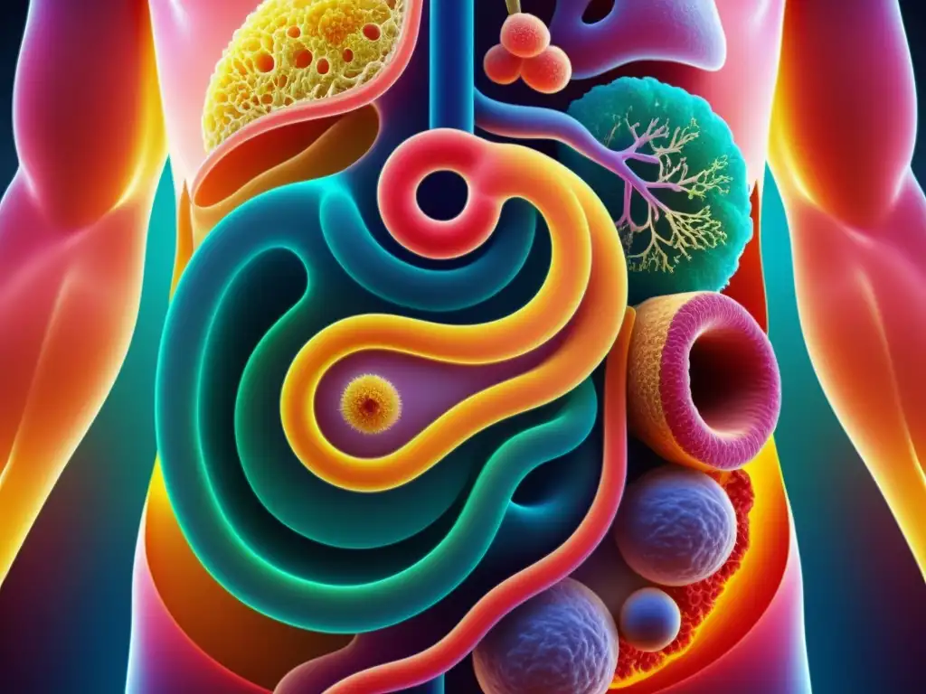 Vibrante imagen 8k del sistema digestivo humano resaltando la importancia de la microbiota intestinal para la salud general