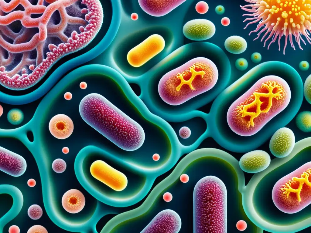 Vibrante e intrincado ecosistema de bacterias beneficiosas para sistema inmunológico, en estilo abstracto moderno