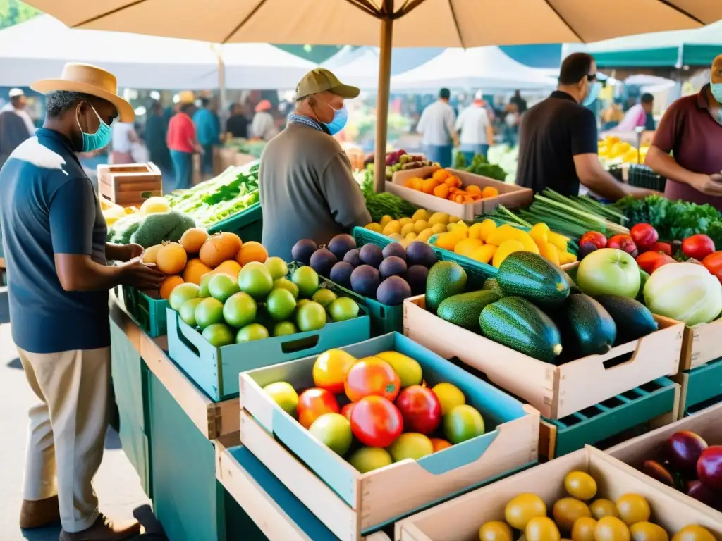 Vibrante mercado con frutas, verduras y actividades al aire libre