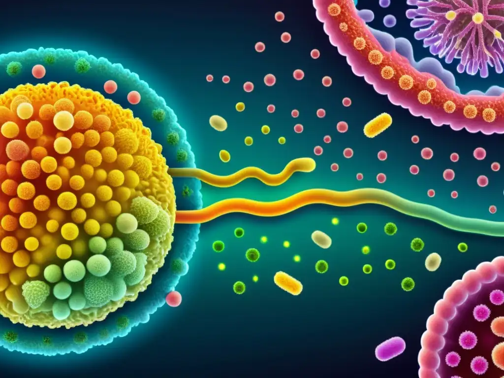 Vibrante ilustración de la microbiota intestinal que muestra el impacto del estrés en la diversidad microbiana y la salud del intestino