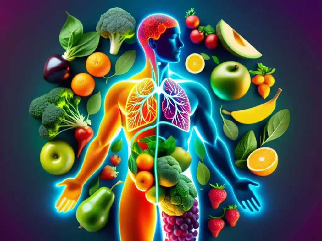 Una ilustración vibrante y moderna del cuerpo humano con líneas brillantes e interconectadas que representan el sistema inmunológico, rodeada de frutas, verduras y hierbas conocidas por sus propiedades detoxificantes