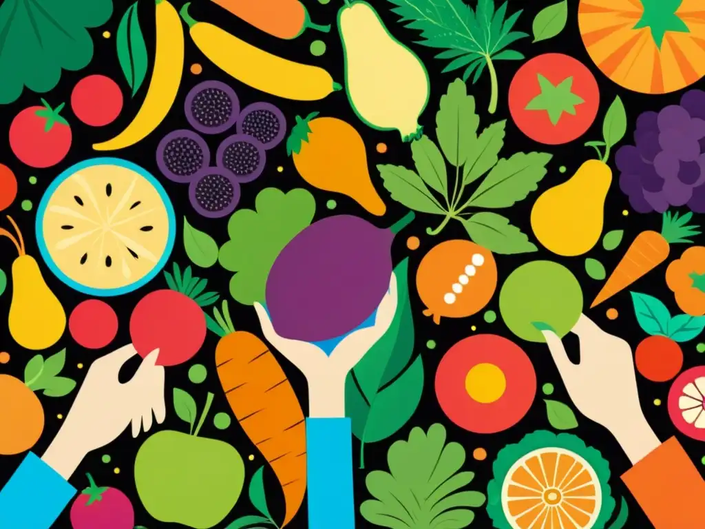 Una ilustración vibrante y moderna de un grupo diverso de personas rodeadas de frutas y verduras coloridas, transmitiendo vitalidad y salud