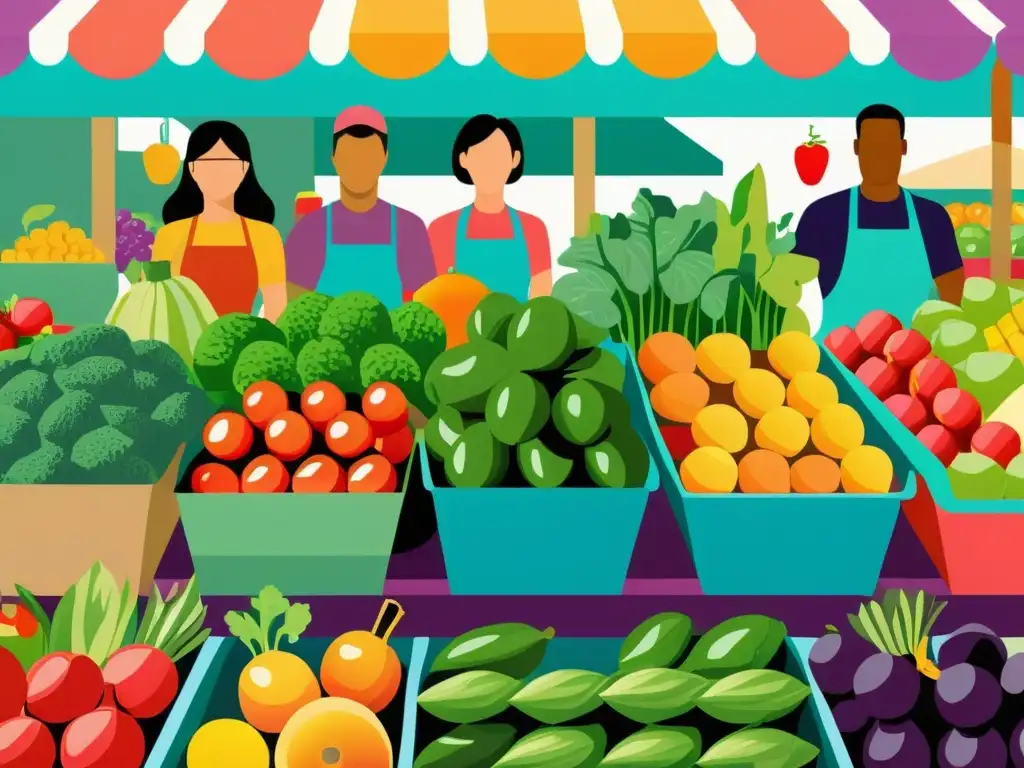 Una ilustración vibrante y moderna de un grupo diverso sosteniendo frutas y verduras coloridas en un bullicioso mercado