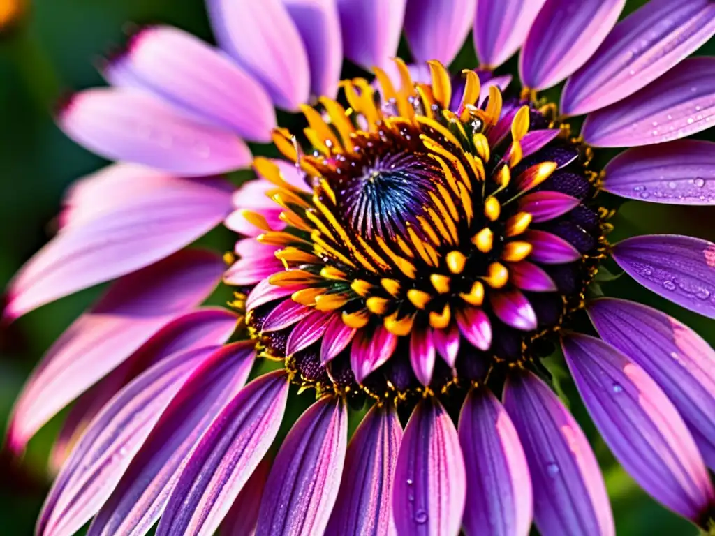 Vibrante equinácea morada con rocío, detalle y atmósfera natural