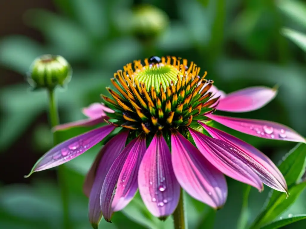 Vibrante equinácea morada en plena floración, con detalles intrincados y beneficios para el sistema inmunitario