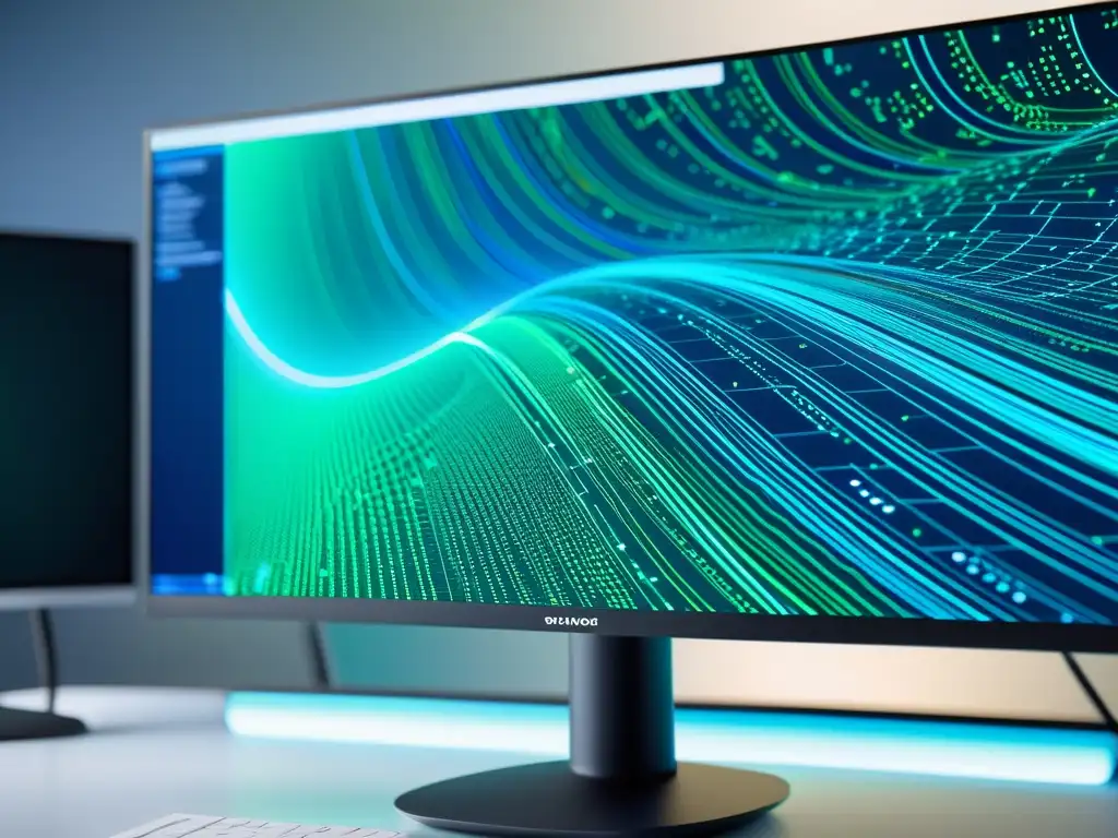 Vibrante pantalla de ordenador muestra algoritmo de inteligencia artificial, en entorno de trabajo minimalista