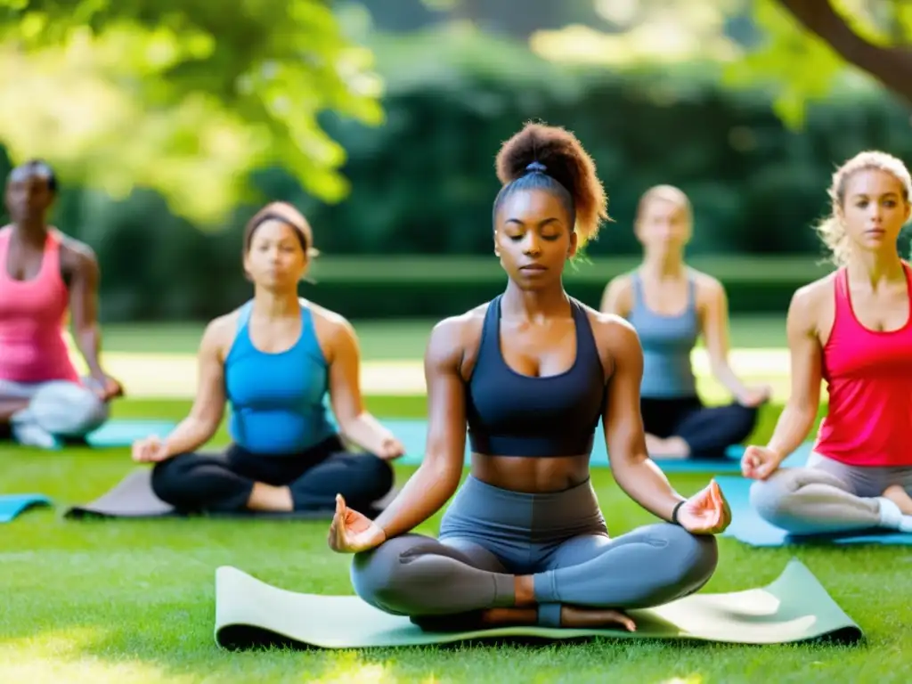 Un vibrante parque donde personas diversas practican yoga, corren y hacen boot camp, capturando el impacto del ejercicio físico en la inmunidad