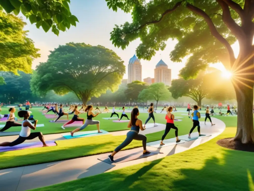 Vibrante parque urbano con gente de todas las edades y orígenes haciendo ejercicio al aire libre, irradiando vitalidad y alegría