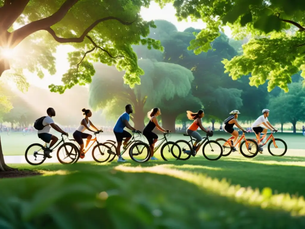 Un vibrante parque verde donde personas diversas practican yoga, corren y montan bicicleta