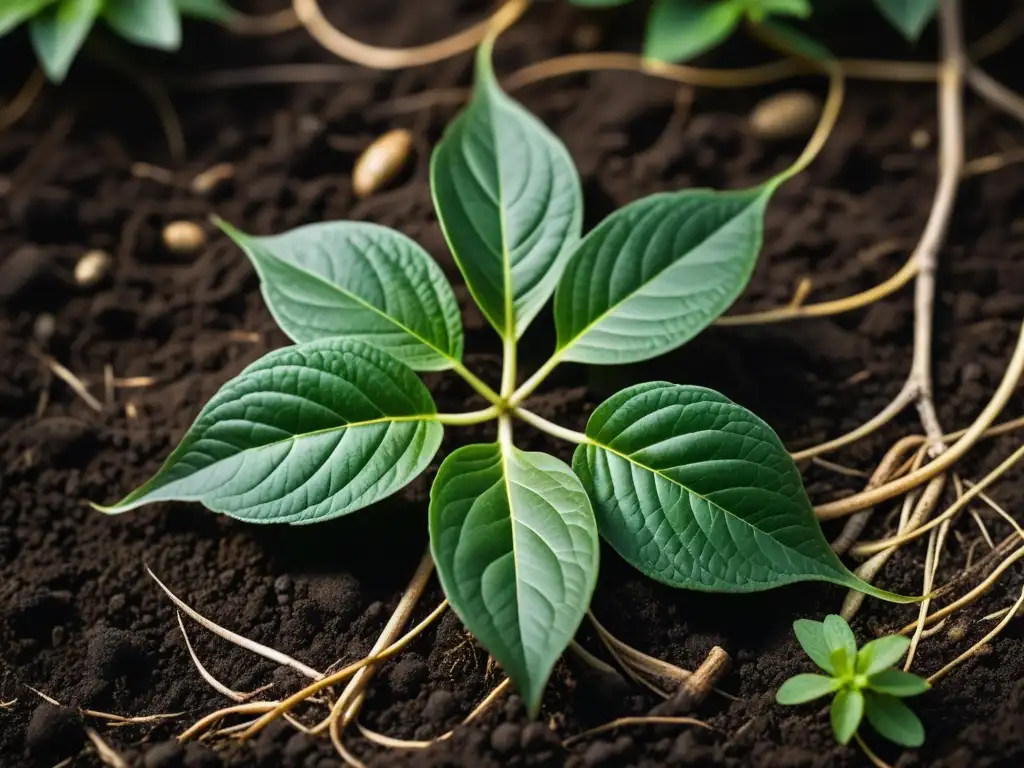 Vibrante planta de ginseng en la tierra, con raíces delicadas