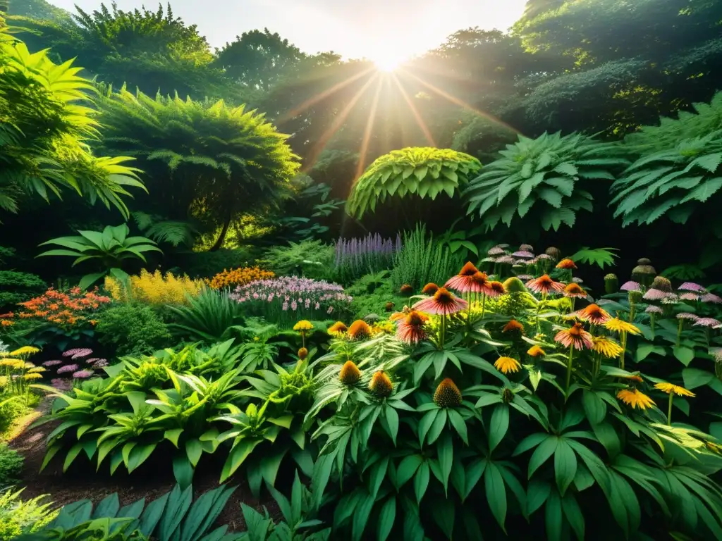 Jardín botánico vibrante con plantas medicinales detalladas, beneficios para el sistema inmunológico