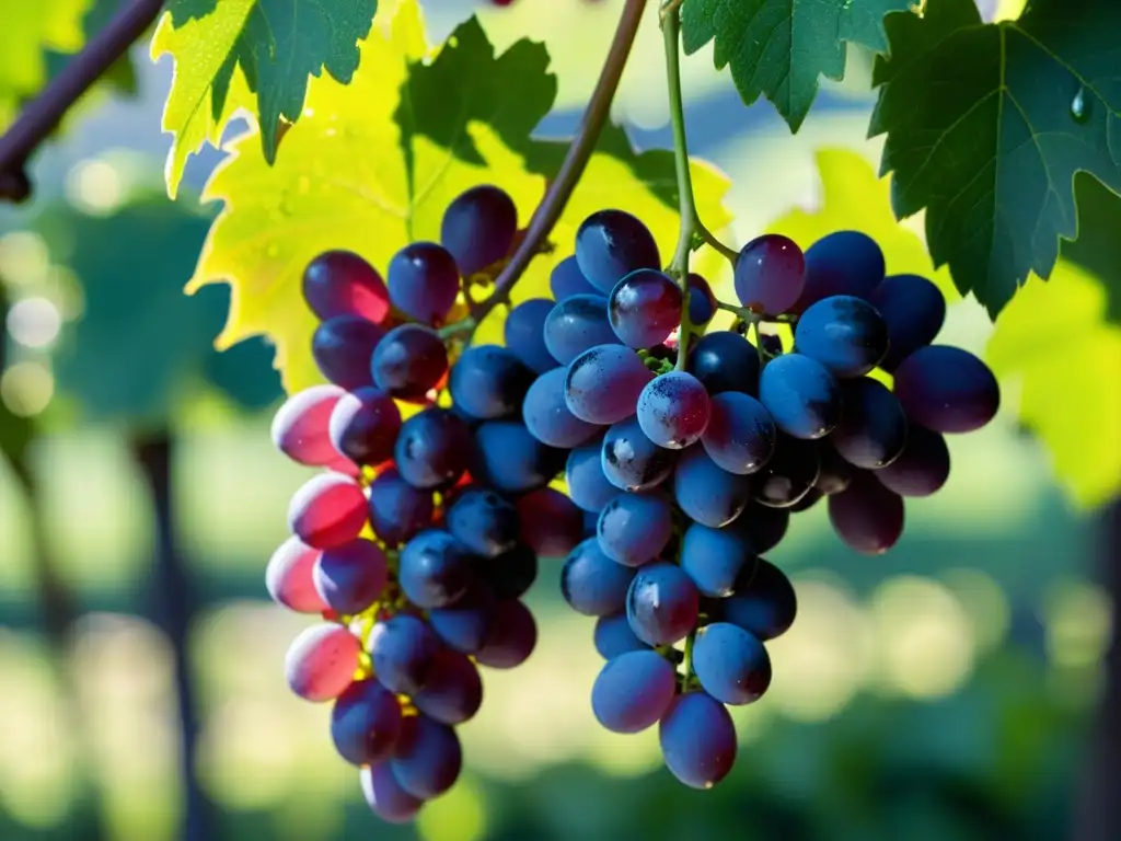 Vibrante racimo de uvas moradas con beneficios antioxidantes extracto semilla uva, bañadas por la luz del sol entre hojas verdes