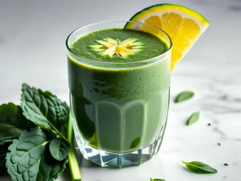 Un vibrante smoothie verde con kale, espinaca y aguacate, decorado con limón y semillas de chía, resalta la frescura y nutrientes