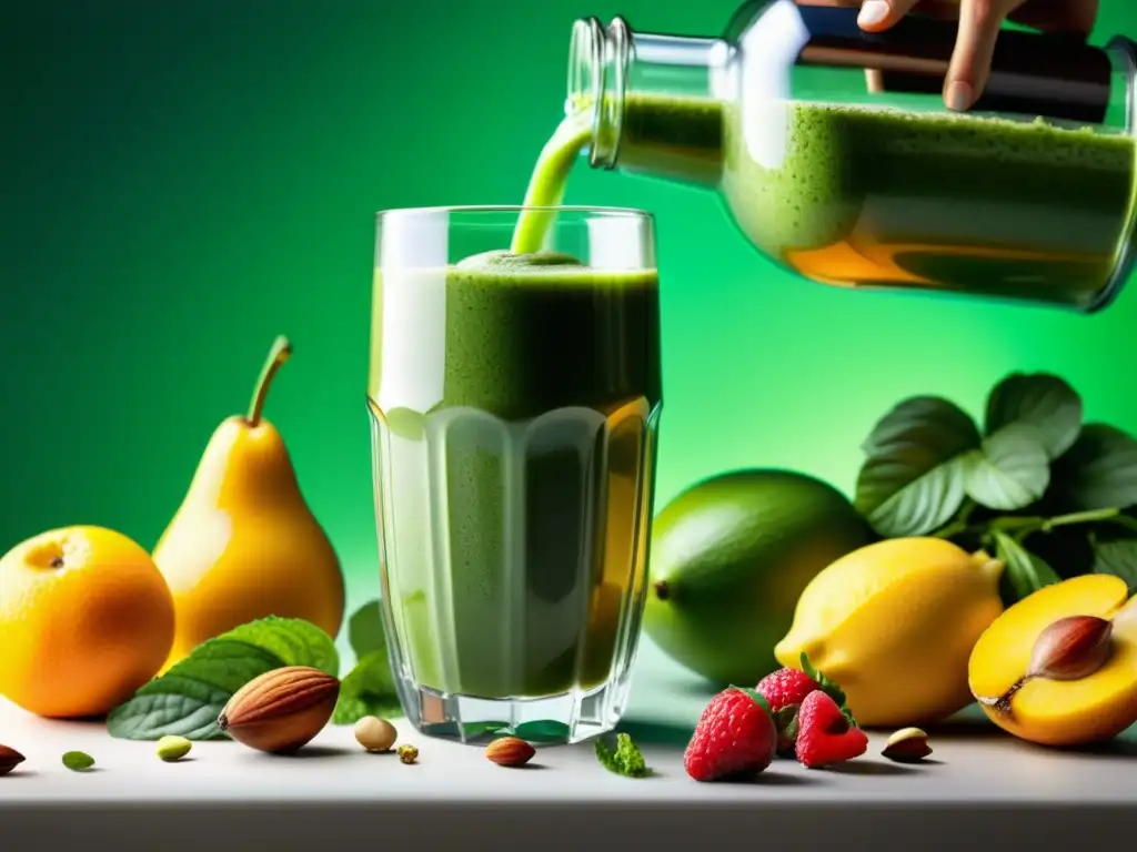 Vibrante smoothie verde con frutas, nueces y semillas, creando una conexión entre la ansiedad y el sistema inmunológico