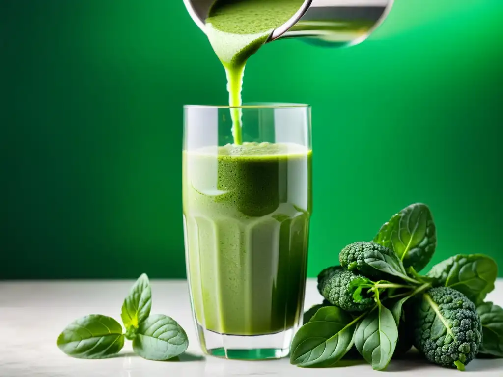 Vibrante smoothie verde siendo vertido en un vaso, con ingredientes suspendidos en el aire